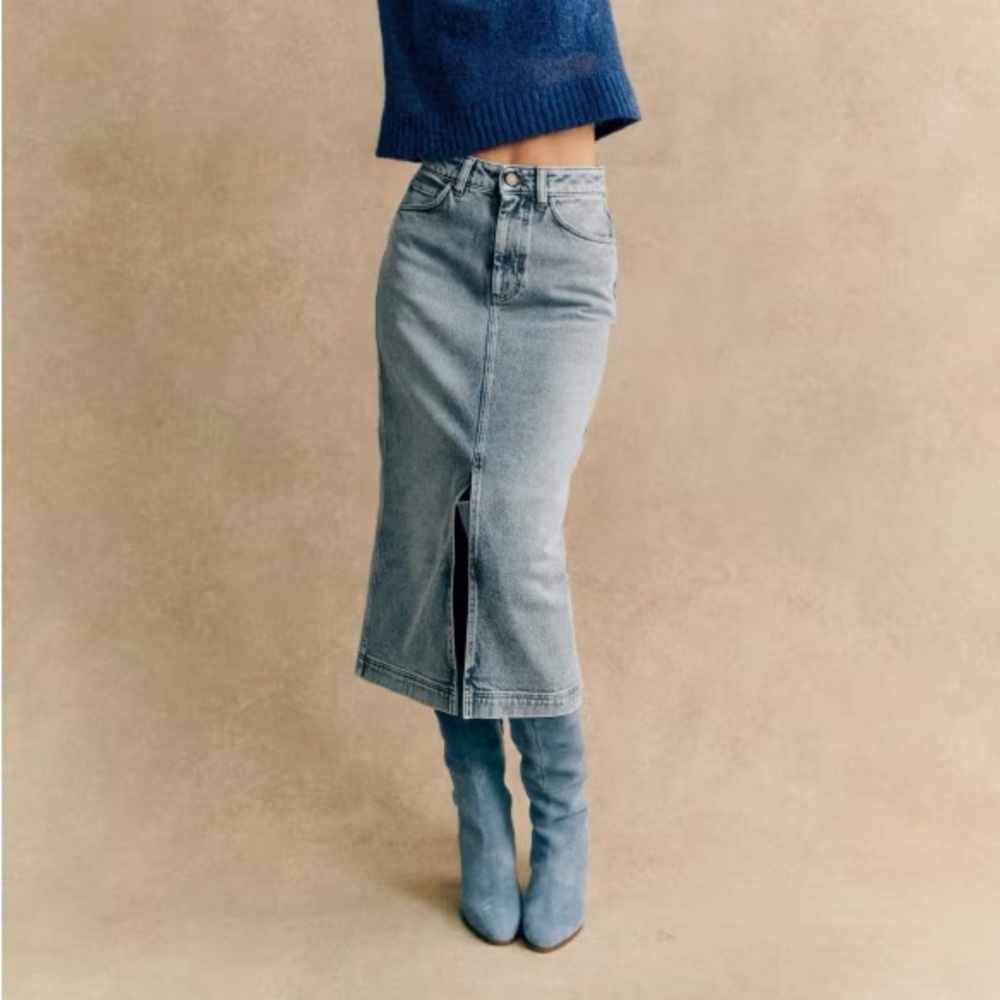 Sézane Dispina Split Front Pencil Denim Midi Skirt